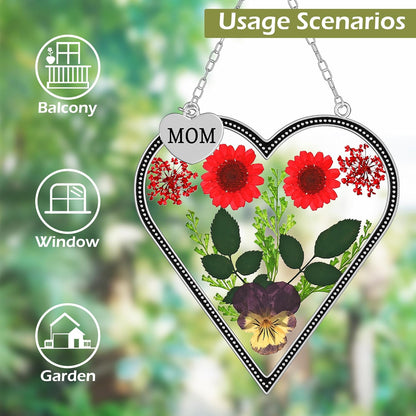KY&BOSAM Heart Suncatcher for Windows Hangings Mom Stained Glass Butterfly Suncatchers Pressed Flower Between Heart in Glass and Metal Charm Gifts for Mom Mother's Day Valentine's Birthday Christmas