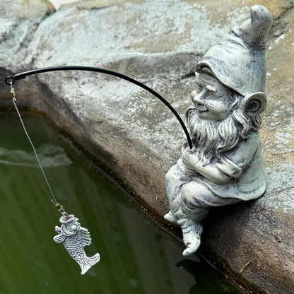 GARDEN WHISPER Gnome Statue Outdoor Garden Pond Koi Decoration, Fishing Gnome Sculpture Garden Koi Pond or Waterfall Decor, 9.7" Dwarf Fishing Poolside Statue, Great Gifts for Mom (Cartoon Style)