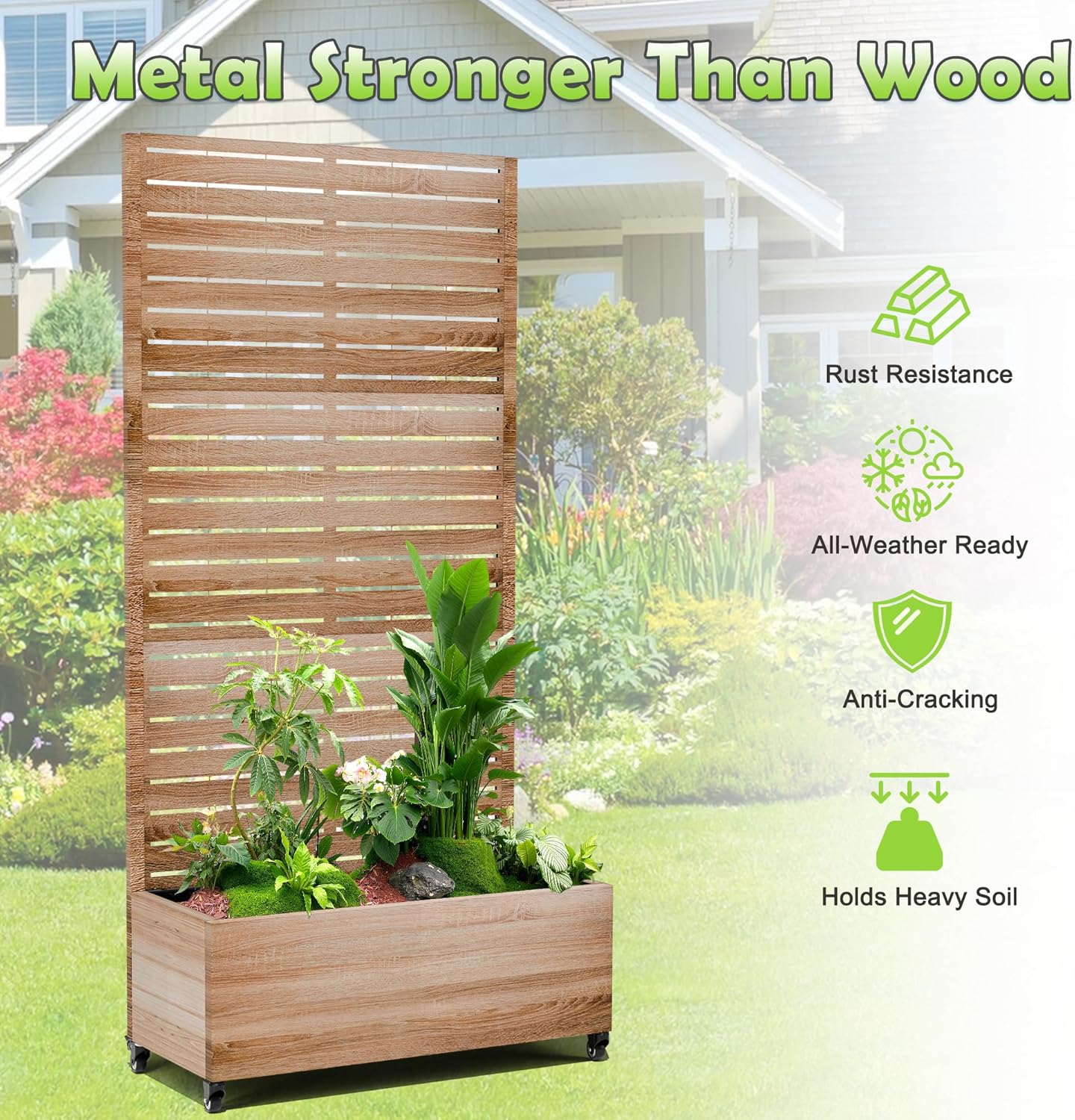15.7"×70.9"×35.4" Metal Raised Garden Bed with Trellis and Wheels - Tall Trellis Planter Box for Climbing Plants, Vegetables & Vines - Outdoor Privacy Planters for Patio (Cut Oak Grain)