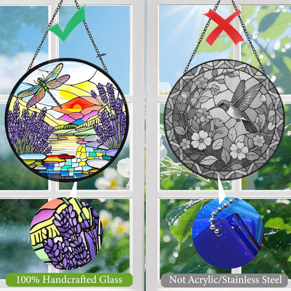 Lavender Dragonfly Suncatchers Stained Glass for Windows Hanging - 8 in UV Print Sun Catchers Indoor Window - Stain Glass Window Hanging for Gifts, Decor, Wall Art