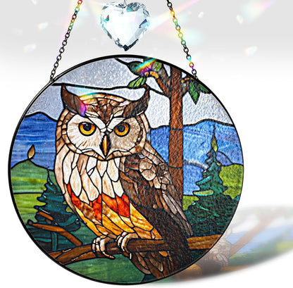 Owl Stained Glass Suncatchers Art Glass Owls for Sun Catcher Indoor Window Gifts for Pet Animal Nature Floral Lovers Women Grandma Mom Friend Painted Panel Décor