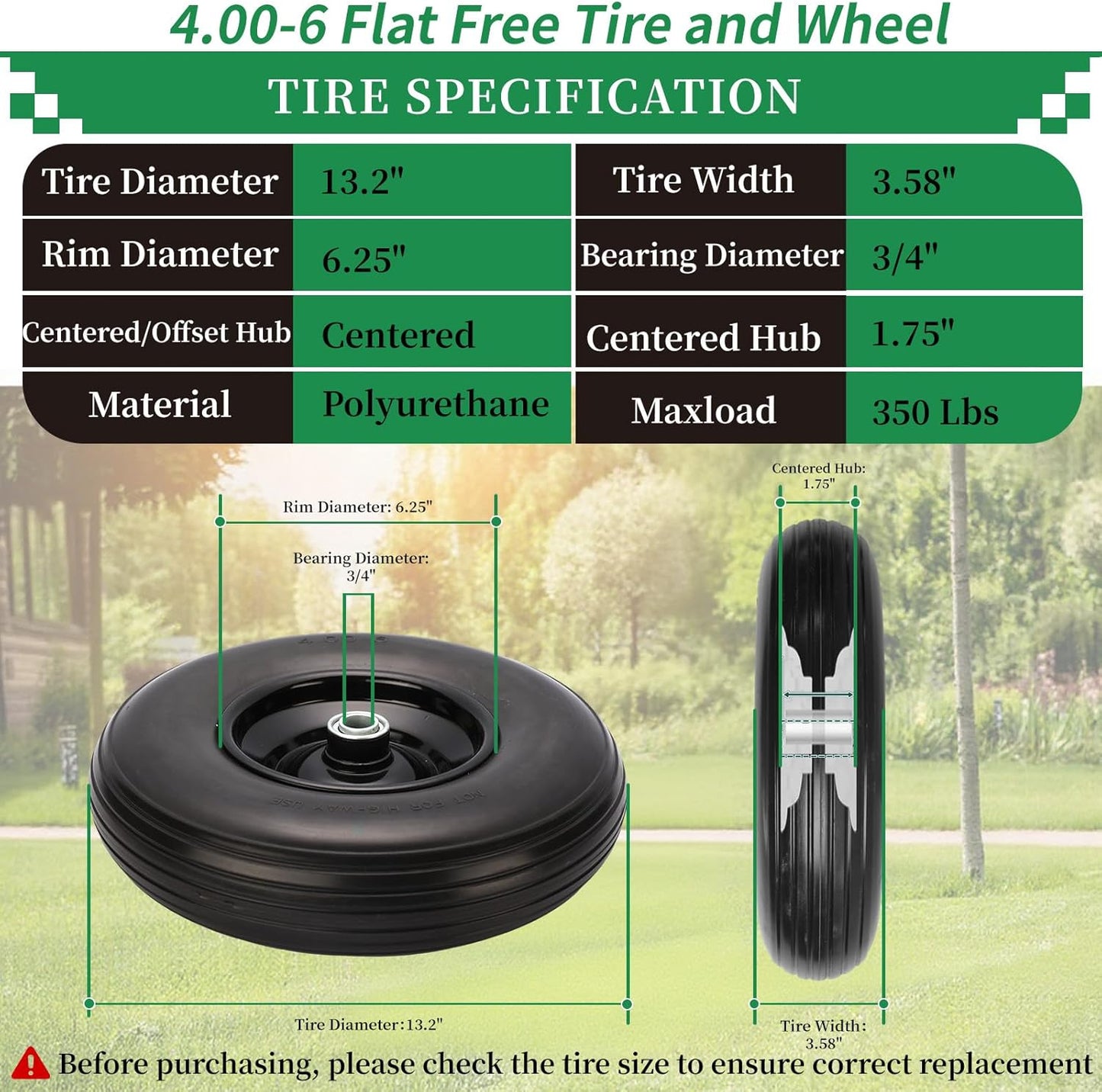 RRQ 4.00-6 Flat Free Tire and Wheel, 13" Solid Wheelbarrow Tire with 1.75" Centered Hub and 3/4" Bearings(Come with 5/8" ID Iron Tube Adapter), for Garden Cart, Trolley, Wheelbarrow Wheel Replacement
