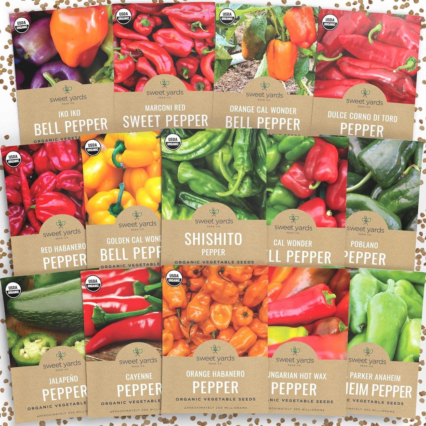 Organic Pepper Seeds (Sweet and Hot) Variety Pack - 14 Individual Packs - 2025 Season - Cayenne, Orange Habanero, Shishito and More! for Indoor & Outdoor Planting (Non-GMO, Certified Organic)