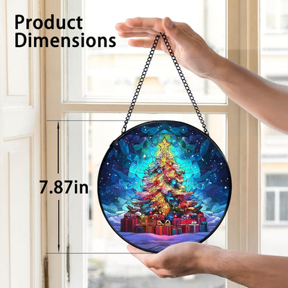 TNUW Christmas Tree Stained Glass Window Hanging, Rustic Winter Holiday Xmas Tree Sun Catchers Indoor Window Glass Round Wall Art Decor, Christmas Wall Hanging Decorations, 7.9＂x7.9＂