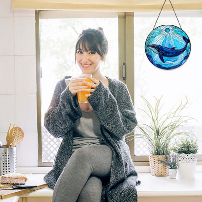 Whale Stained Glass Sun Catcher Window Hanging Whale Lovers Gifts for Women Handmade SunCatcher Decoration for Home Decor Gifts for Ocean Lover Sea Life Decor Beach 7.87inch