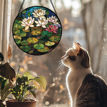 Stained Glass Window Hanging - Water Lily Birth Flower Suncatcher for Door Garden Retro Floral Sun Catchers Decor Christmas Mother's Day Birthday Gifts for Women Mom Nana Friend Wife 7.8 in
