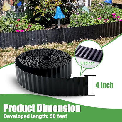Metal Corrugated Garden Edging, 4" x 50Ft Landscape Edging for DIY Flower Beds, Flexible Bender Border for Lawn, Garden and Yard, Sturdy Galvanized Garden Edging, Black