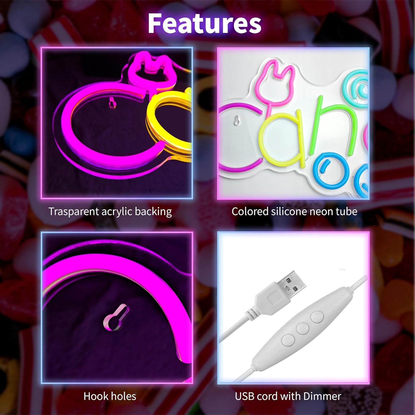Candy Neon Sign USB Powered LED Bunny Candy Neon Signs Dimmable LED Neon Lights for Bedroom Candy Bar Shop Candy Cart Display Halloween Party Candy Land Party Art Decoration Birthday Gifts