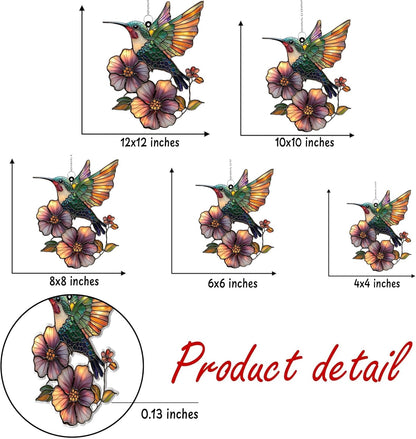 Flower and Hummingbird Acrylic Suncatcher Stained Glass Effect Window Car Hanging Christmas Ornament Indoor Outdoor Decor Garden Sun Catcher Panel for Bird Lover for Women Mom Grandma