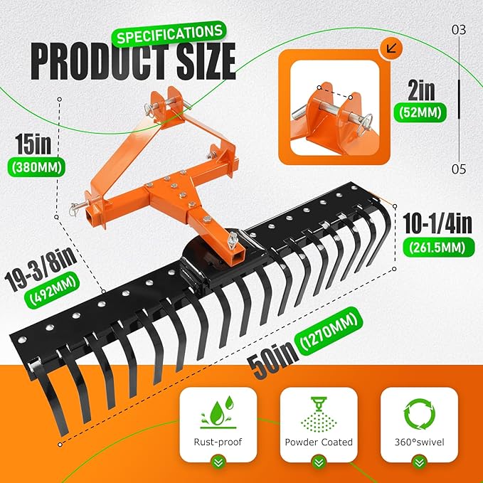 KUAFU 50" 3 Point Landscape Rock Rake for Category-0 Cat-0 Tractor with 360° Rotation Replaceable Spring Tines and Pin Hitch Rock Attach Rake Tow Behind Dethatcher for Garden Lawn Care, Farm, Grass