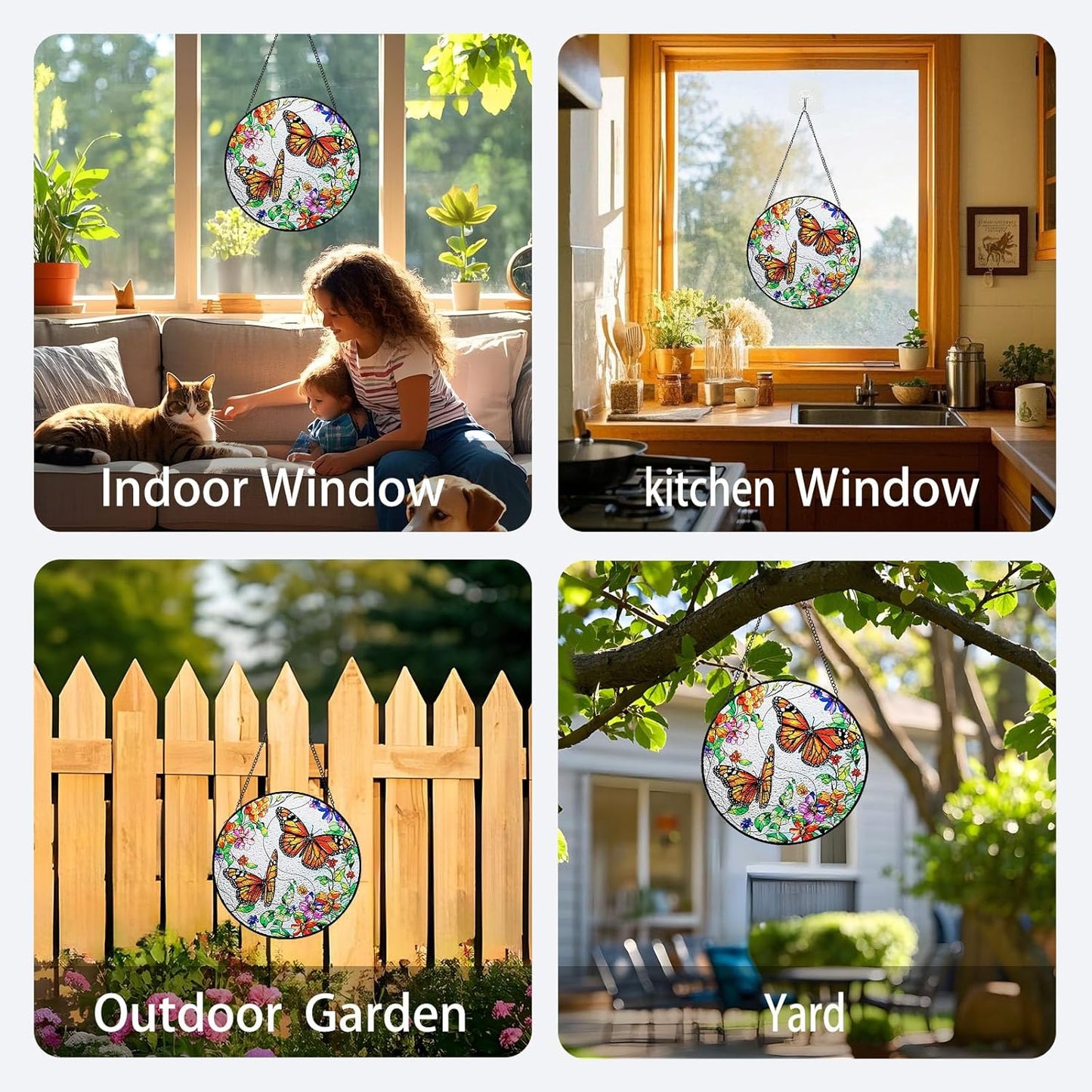 Butterfly Suncatcher Stained Glass Window Hanging - 7.87" Round Sun Catchers Indoor Window Art, Stain Glass Art Panel for Wall Decorations, Memorial Gifts for Women, Mother's Day, Garden & Home Decor