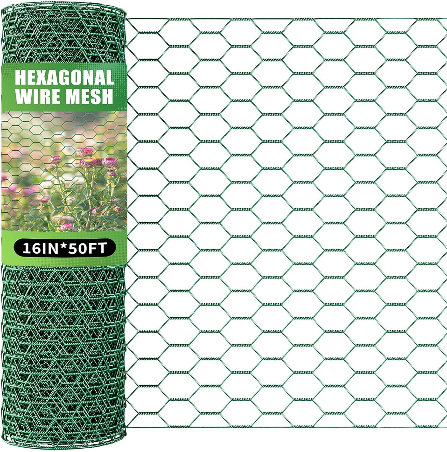 16 x 600 Inches Chicken Wire for Floral Arrangements, Green Chicken Wire, Hexagonal Galvanized Wire Mesh for Poultry Barrier, Flower Arrangement, Crafts and Garden