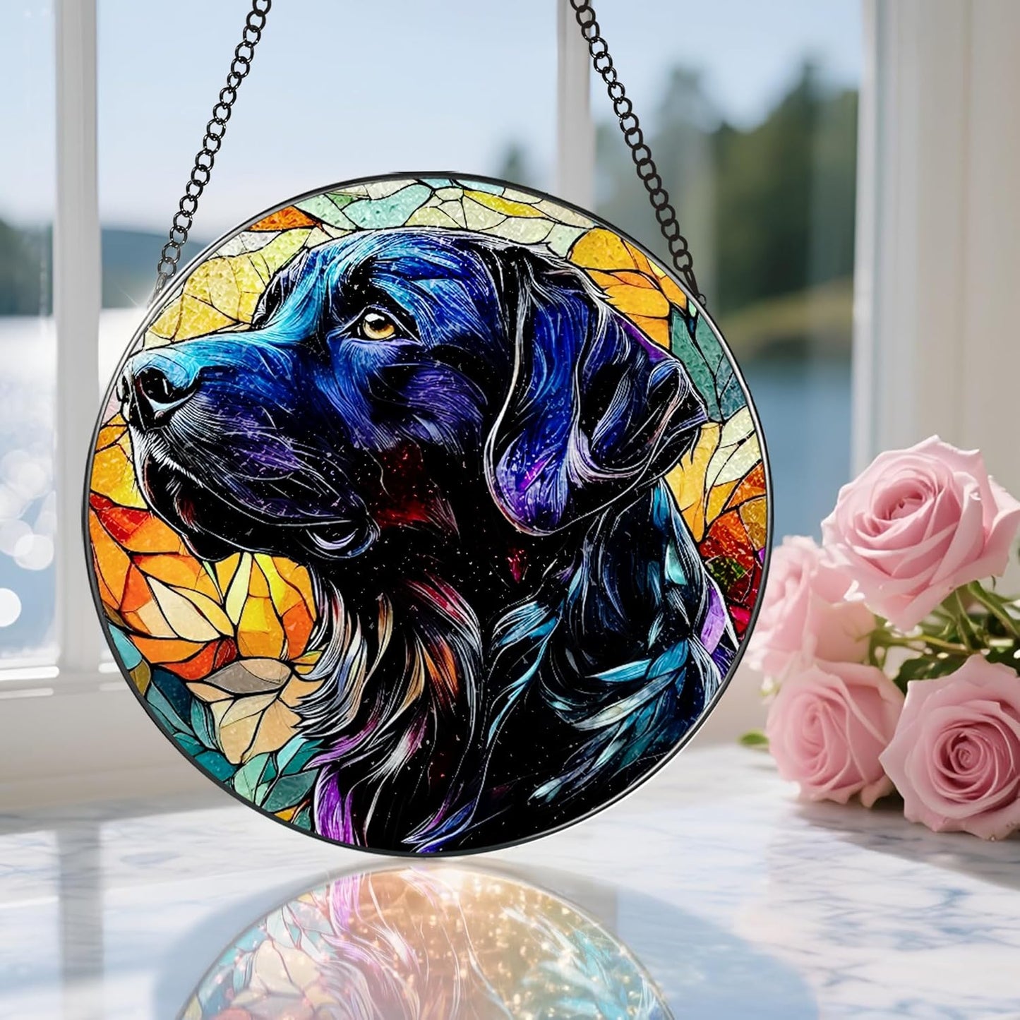 8″ Stained Glass Window Hanging Ornament, Black Labrador Retriever Stained Glass Suncatcher Ornament, Sun-Catcher Window Decor | Gifts for Dog Lovers, Dog Lover Gift, Pet Lover Gift