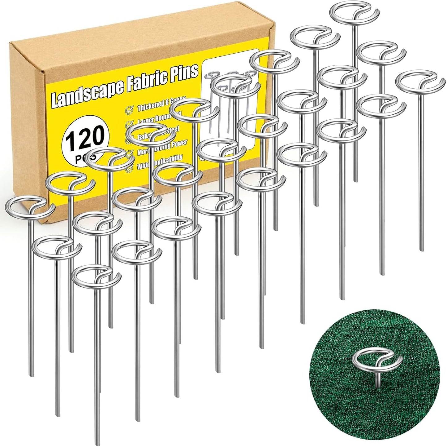 120 Pcs Landscape Staples, Thickened 8 Gauge Circle Top Landscape Fabric Pins, 6 Inch Galvanized Garden Stakes, Rust-Resistant, Heavy Duty Ground Pins for Securing Lawn Fabric Weed Barrier