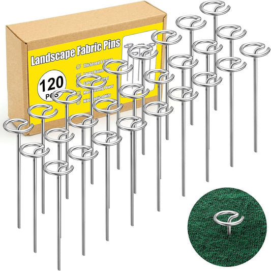120 Pcs Landscape Staples, Thickened 8 Gauge Circle Top Landscape Fabric Pins, 6 Inch Galvanized Garden Stakes, Rust-Resistant, Heavy Duty Ground Pins for Securing Lawn Fabric Weed Barrier