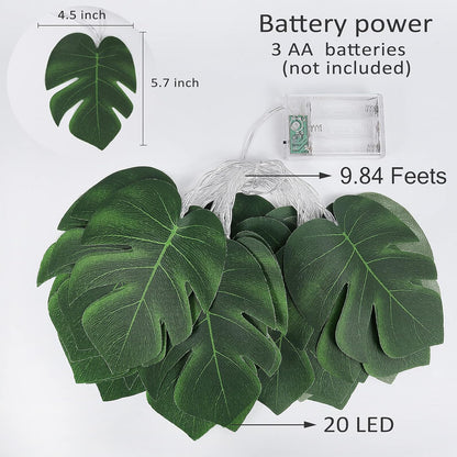RECUTMS 20LED Monstera Leaf String Lights, Tropical Artificial Rattan Palm Leaves Wall Hanging Vine Greenery,Summer Decorations for Outdoor Indoor Hawaiian Luau Jungle Beach Theme Party Table Home