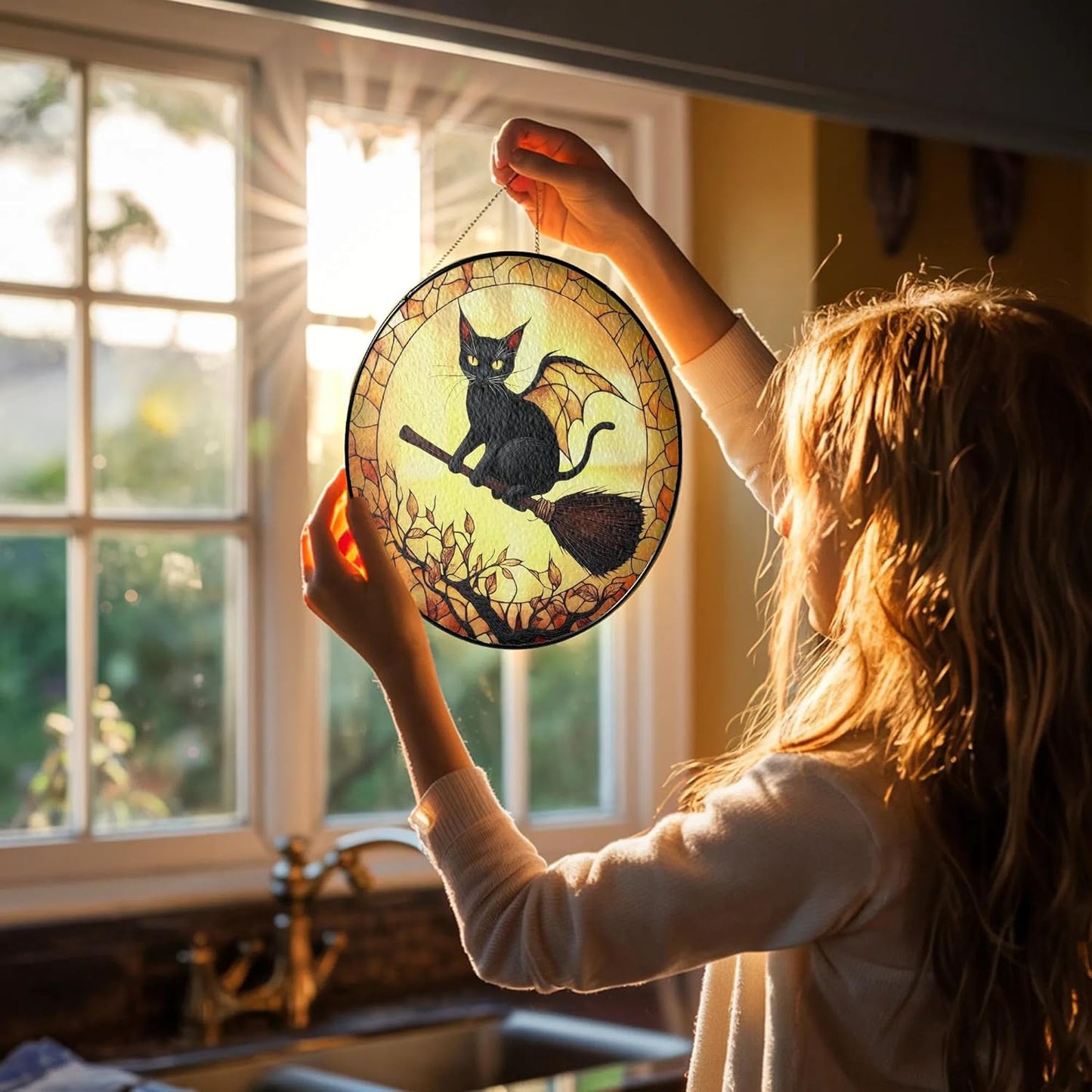 Black Cat Stained Glass Suncatcher, Halloween Cat Witch Window Hanging Decor, Pumpkin Spooky Suncatcher Decoration, Fall Season Home Outdoor Garden Decor Birthday Gifts for Women Witches Cats Lovers