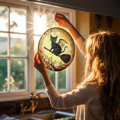 Black Cat Stained Glass Suncatcher, Halloween Cat Witch Window Hanging Decor, Pumpkin Spooky Suncatcher Decoration, Fall Season Home Outdoor Garden Decor Birthday Gifts for Women Witches Cats Lovers