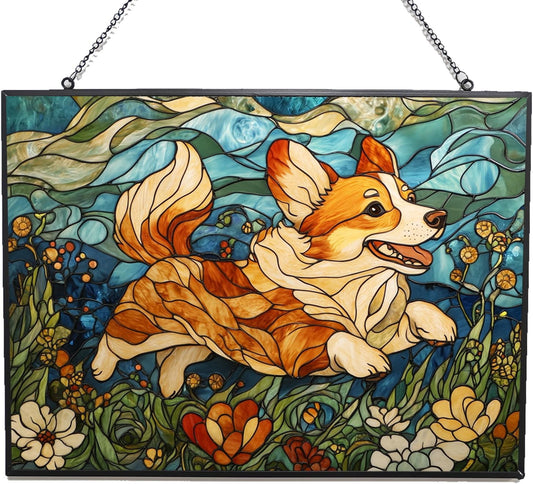 Customized Rectangle Art Nouveau Meadow Corgi Stained Glass Window Hanging Suncatcher Stained Glass