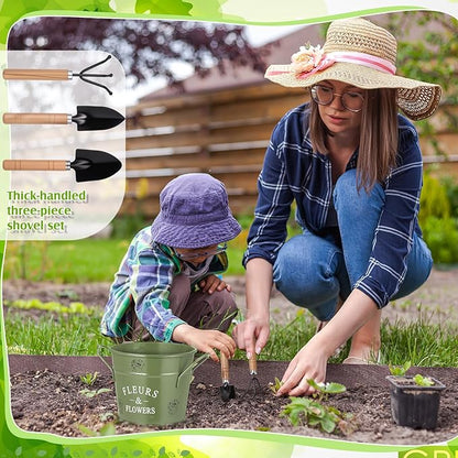 Tarpop Green Garden Tool Set Plant Whisperer Gardening Gifts for Women, 7 Piece Vegetable Planting Tool Kit with Cap Canvas Apron Green Leaf Gloves Soil Scoop Transplant Trowel Cultivator Flower Tub