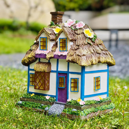 Prospect Thatched Cottage, Solar Statue Lights Mushroom Fairy House, Garden House Statues, Outdoor Memorial Ornaments Waterproof Decoration for Outside Patio Yard Lawn Decor