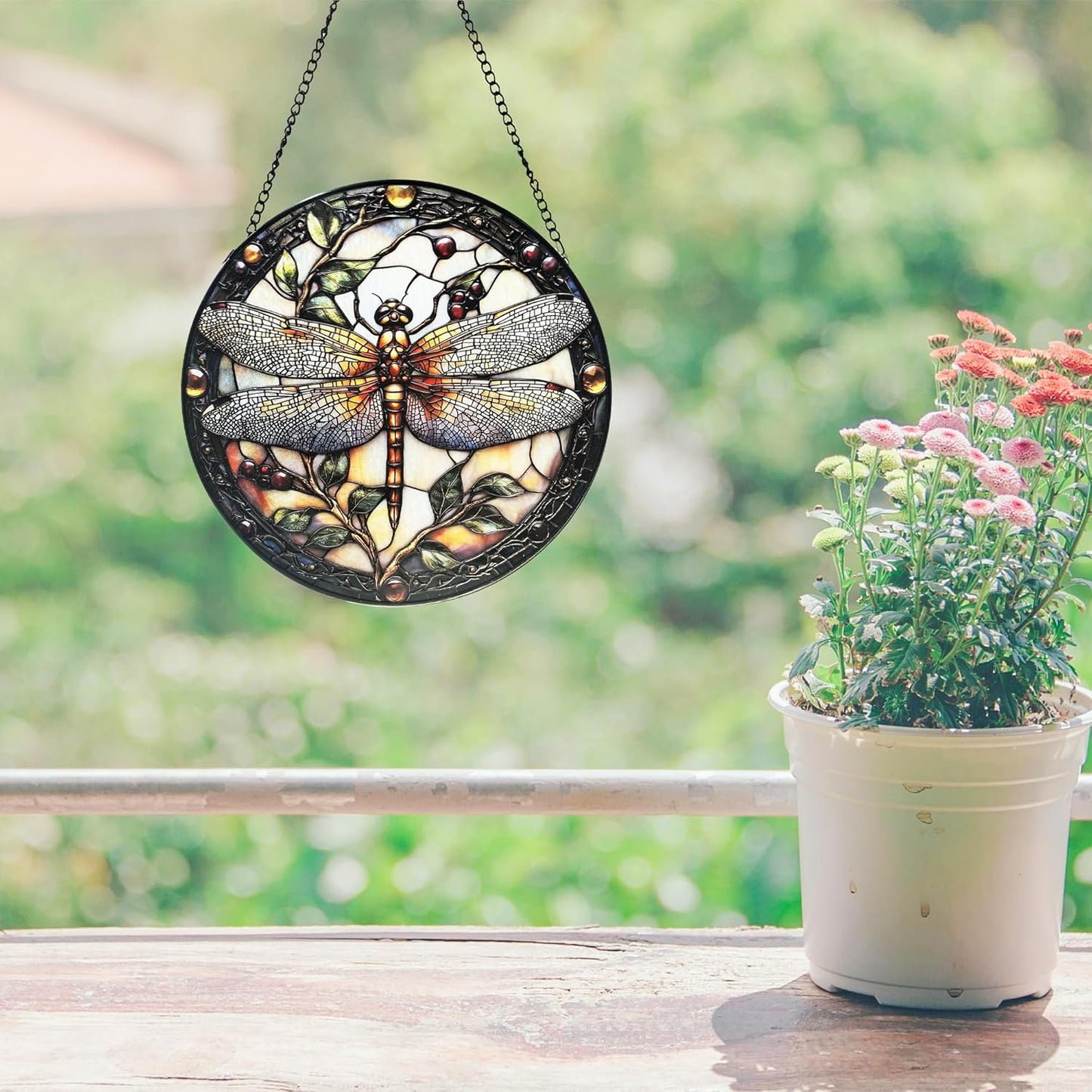 Stained Glass Window Hanging - Dragonfly Plant Suncatcher Ready to Hang Window Doors Home Decoration，7.9 inch