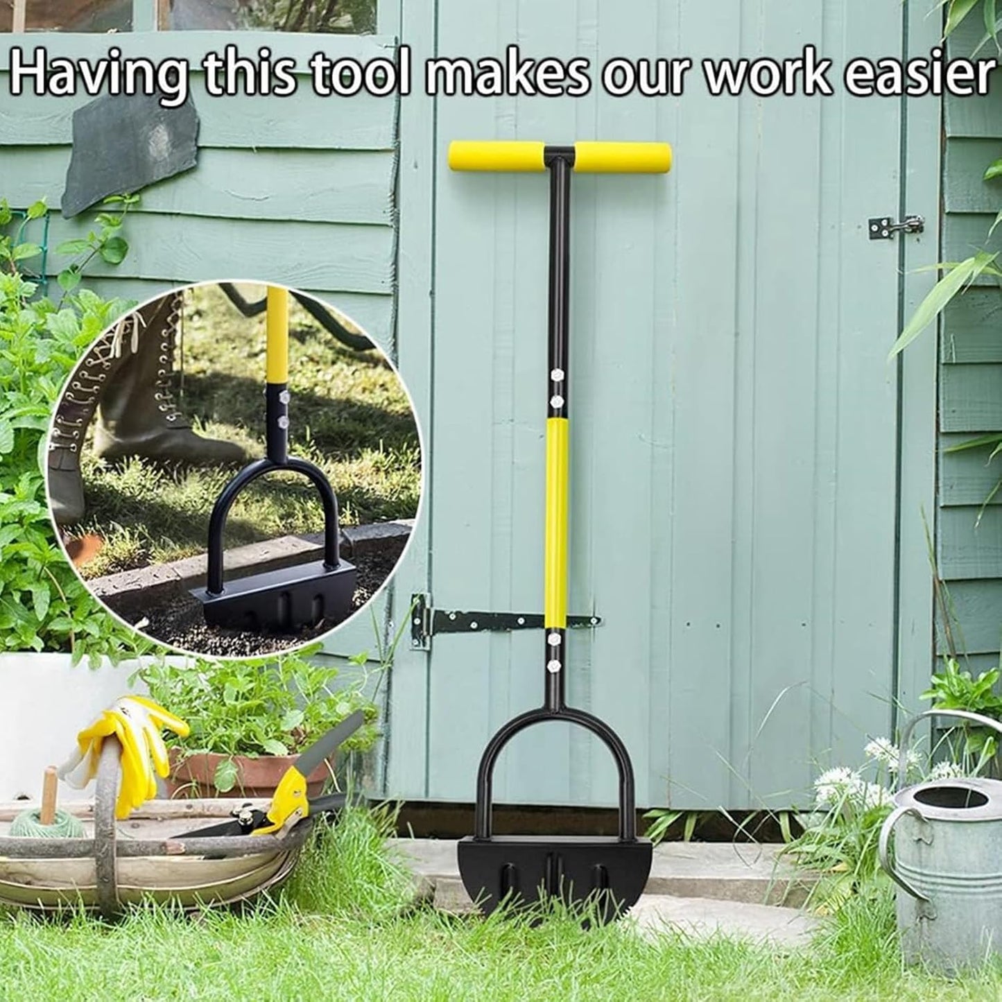 Lawn Edger Tool, Manual Grass Edger, Saw Tooth Garden Edger Hand with Long Handle, Manual Edger, Half Moon Edger for Yard, Garden, Landscaping, Sidewalk, Cable Burying
