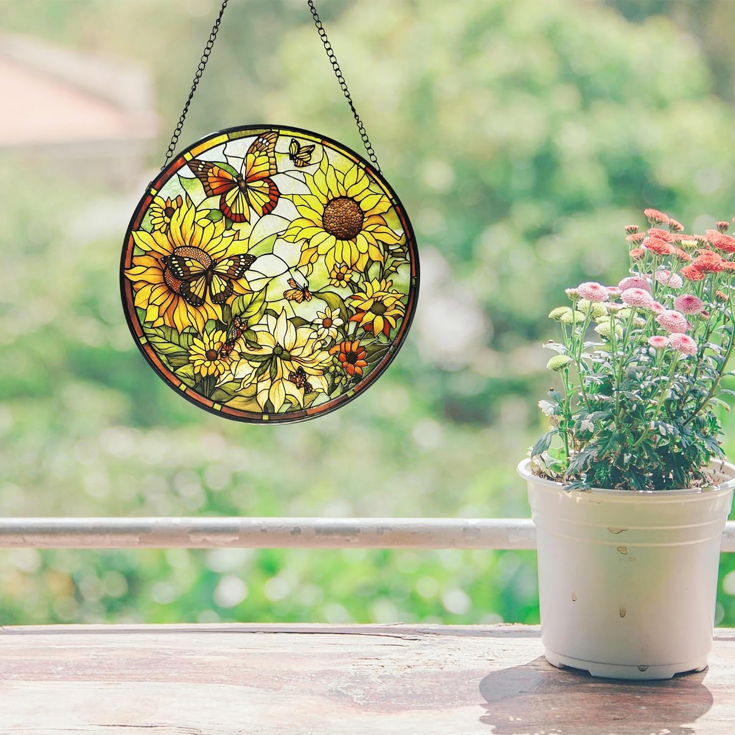 Sunflower Hanging Stained Glass for Windows,Hand-Painted Sun Catcher Garden Hangings, 9.8 inch