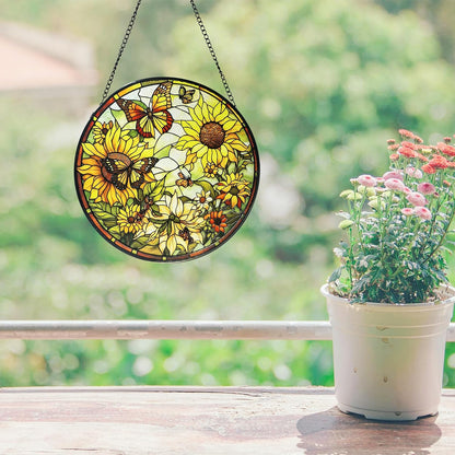 Sunflower Hanging Stained Glass for Windows,Hand-Painted Sun Catcher Garden Hangings，7.9 inch