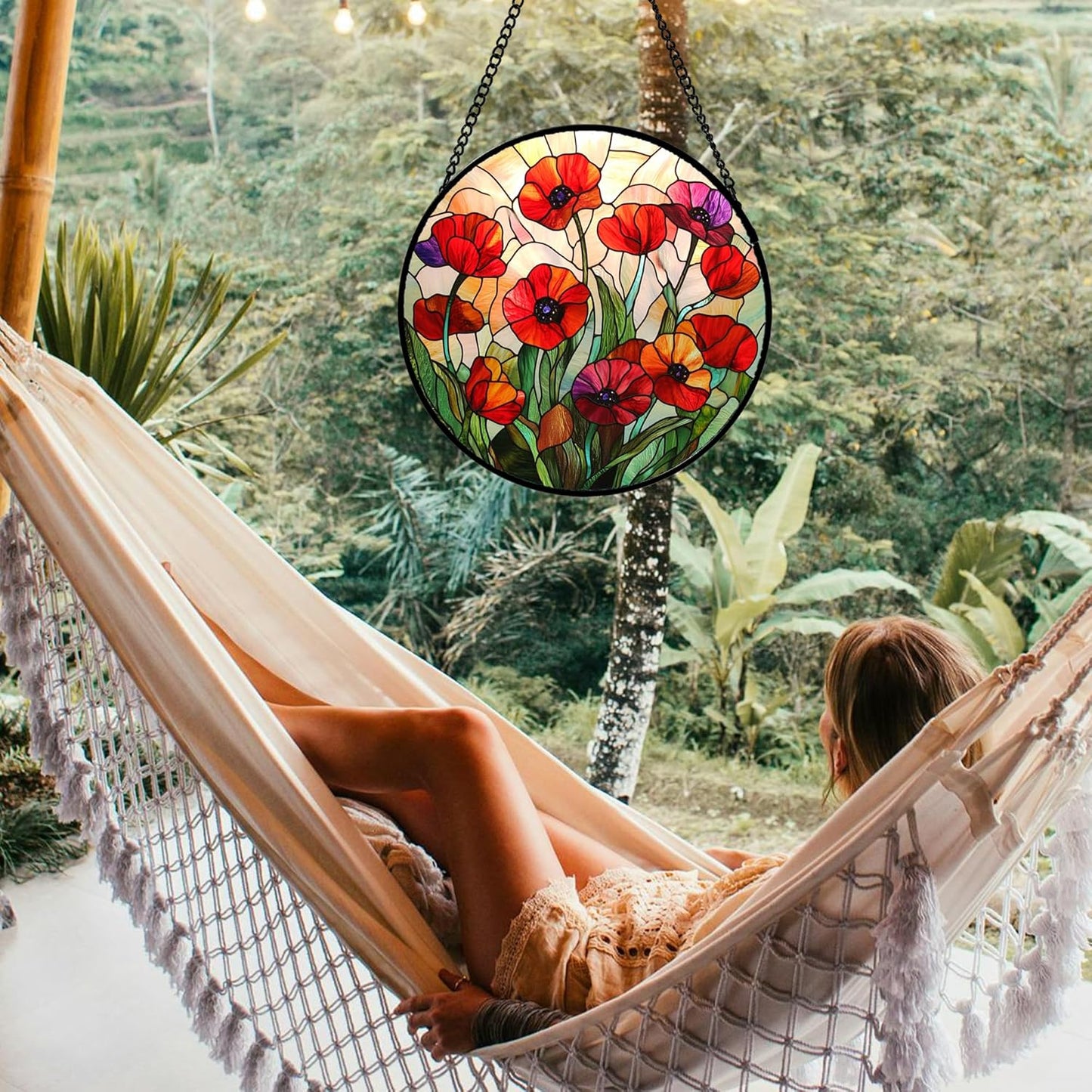 Stained Glass Window Hanging - Poppy Birth Flowers Suncatcher for Door Garden Yard Wildflowers Sun Catchers Decor Christmas Mother's Day Birthday Gifts for Women Mom Nana Friend 7.8 in