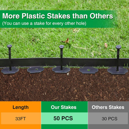 Bonviee 1.5 Inch x 33FT Landscape Edging Border with 50 Anchoring Spikes, No Dig Garden Border Edging Kit, Flexible Garden Edging for Landscaping, Flower Beds, Lawn, Yard, and Paver Pathways