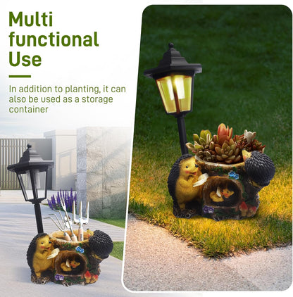 Outdoor Hedgehogs Statues Solar Sculptures with Solar Lights and Flowerpot Funny Garden Decor Animal Figurines Resin Outdoor Statues for Patio Yard Lawn Balcony Gifts