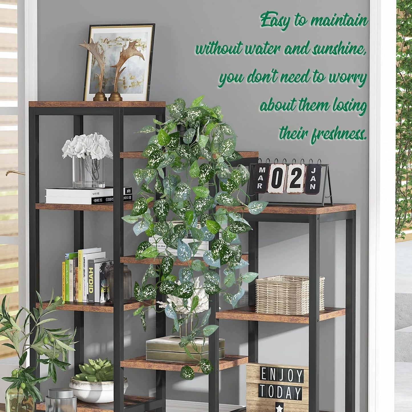 Fake Hanging Plant with Pot, Artificial Potted Fern Plant, 28.7-in Long Faux Hanging Vine Plant for Shelf Home Office Indoor Outdoor Garden Greenery Decor (Black Pot)