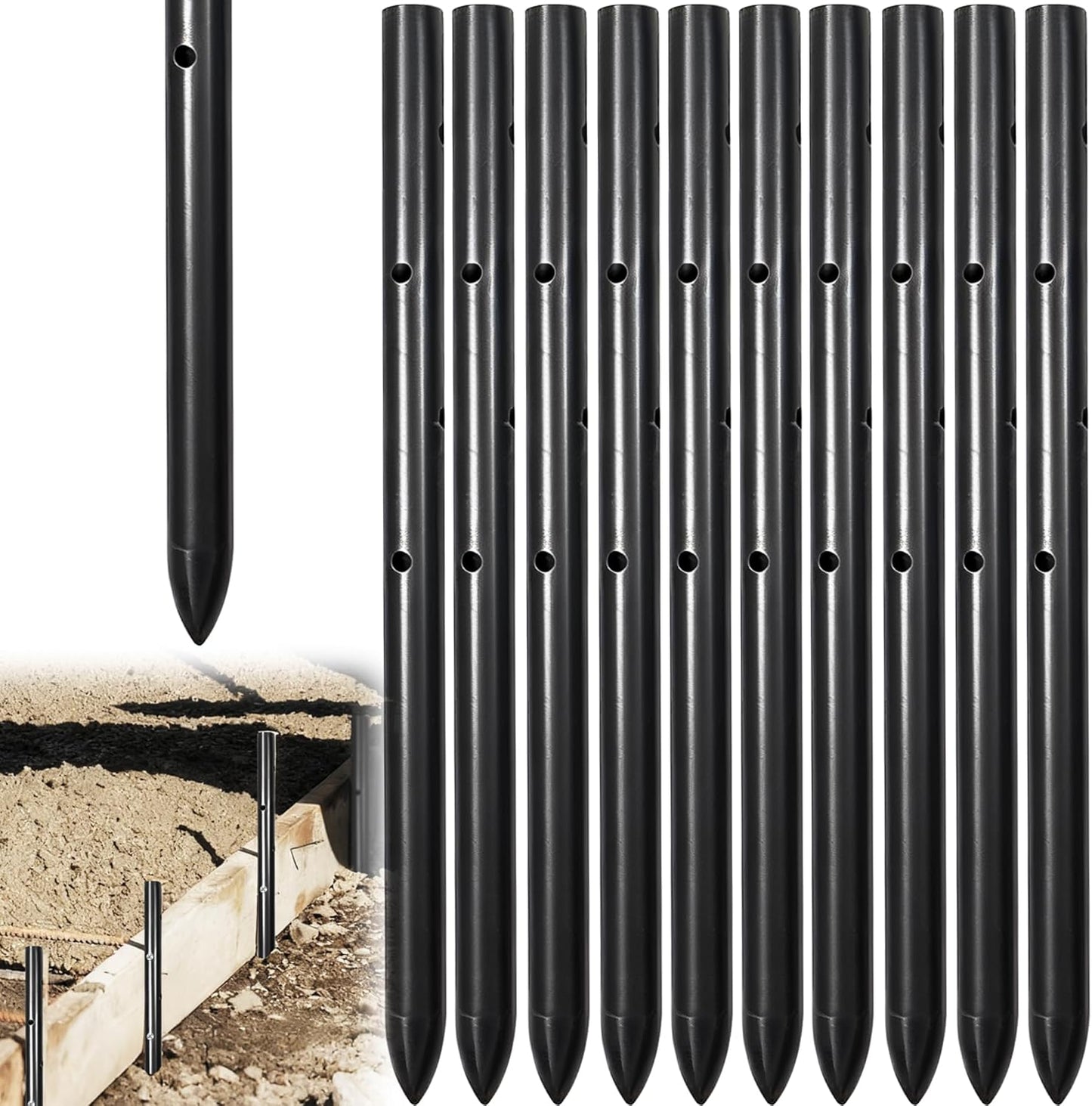 10PCS 12 Inch Round Steel Concrete Form Stakes with Holes Heavy Duty Rebar Stakes Concrete Pins for Concrete Forms, Garden Fence, Rust Resistant Removable Reusable, 3/5" Diameter, Pointed