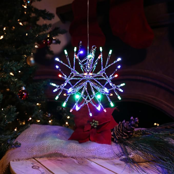 Alpine Corporation 10"H Indoor Christmas Snowflake Ornament with Multi-Colored LED Lights, Silver , Christmas Decoration