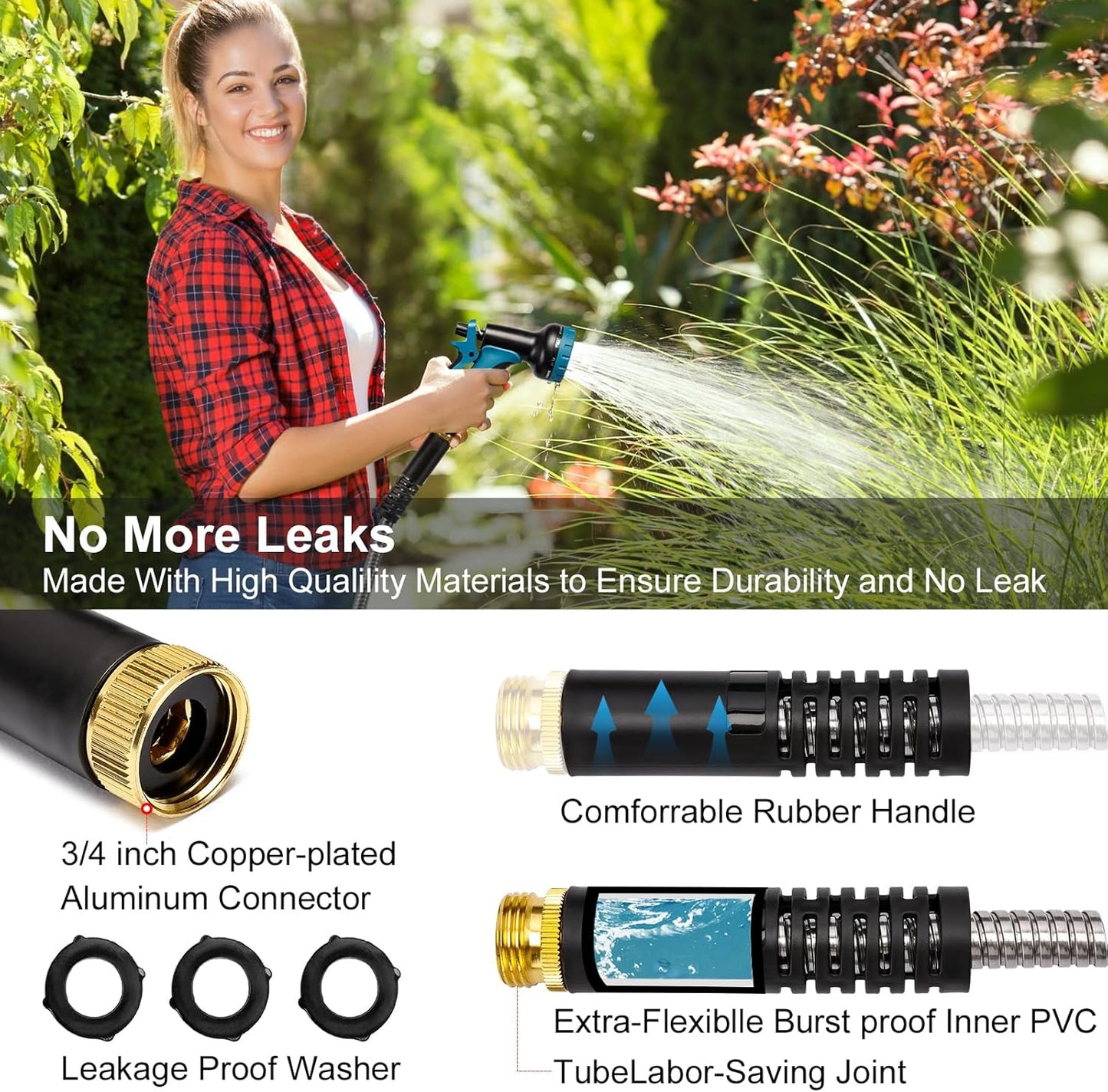 Metal Garden Hose 100 FT, Stainless Steel Hose, Water Hose with 10 Function Nozzle, No Kink & Tangle, Easy to Use & Store, Heavy Duty Lightweight Outdoor Hose