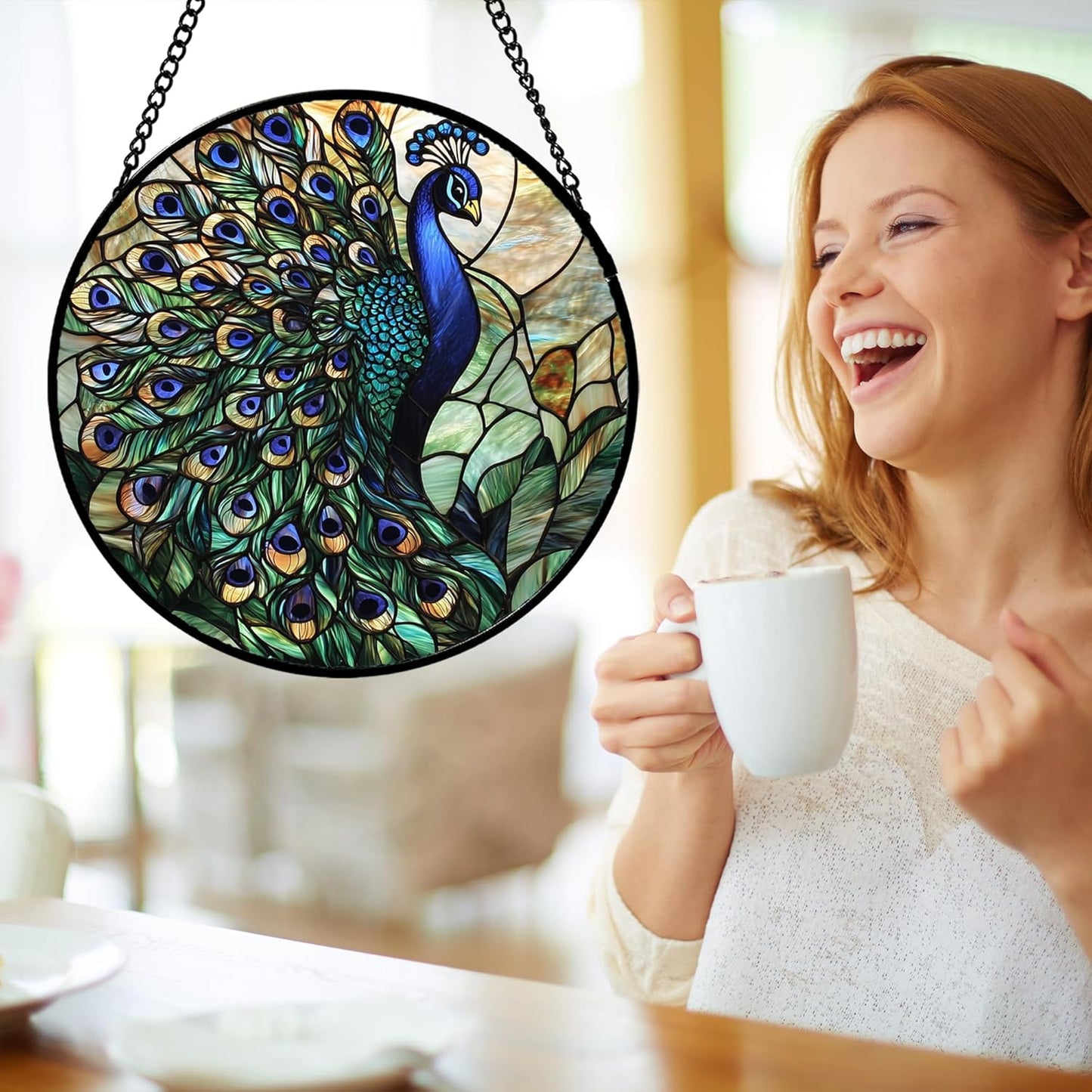Stained Glass Window Hanging, Turquoise Peacock Sun Catcher for Door Home Decor Blue Green Suncatcher Christmas Mother's Day Birthday Gifts for Women Men Mom and Nana 6.3 in