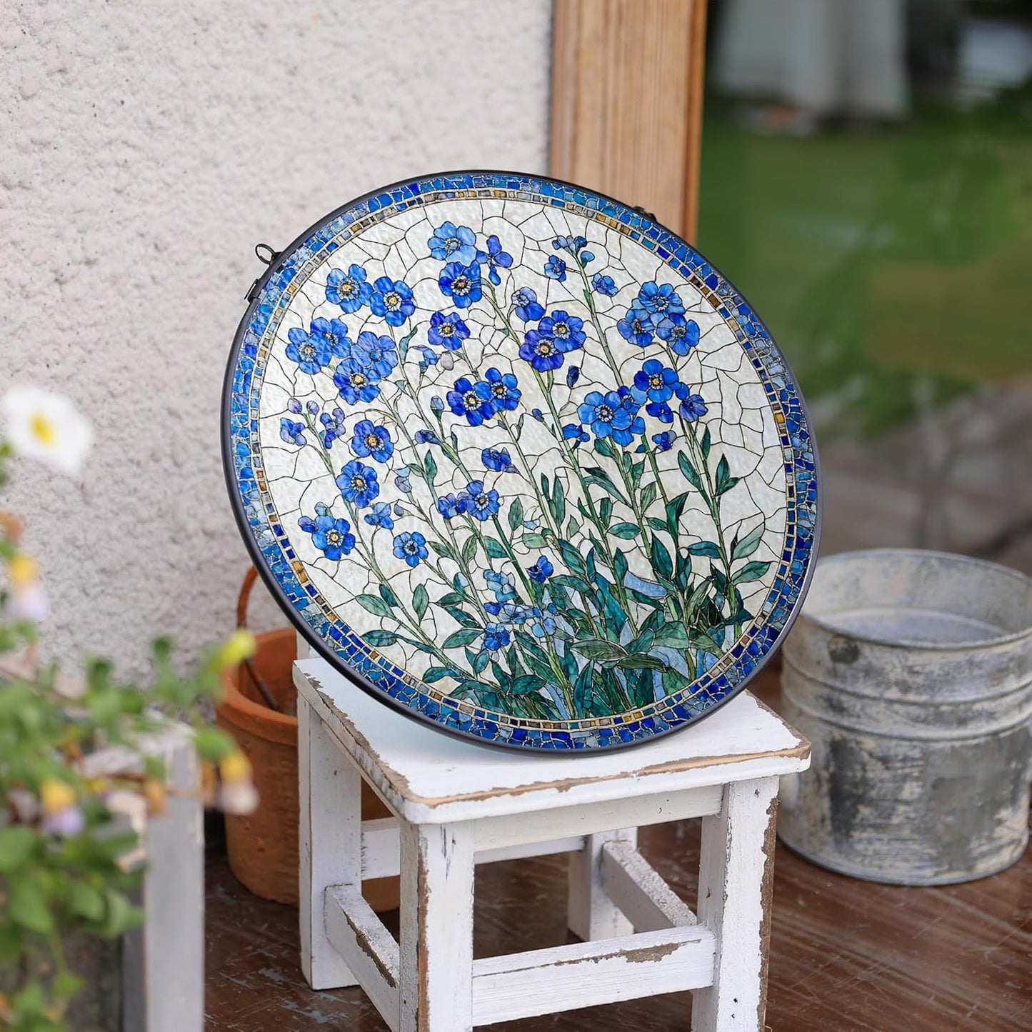 Forget-Me-Not Flower Stained Glass Suncatcher, 7.8 Inch Handmade Blue Floral Window Hanging Decor - Garden, Home Gift for Women, Mom, Grandma