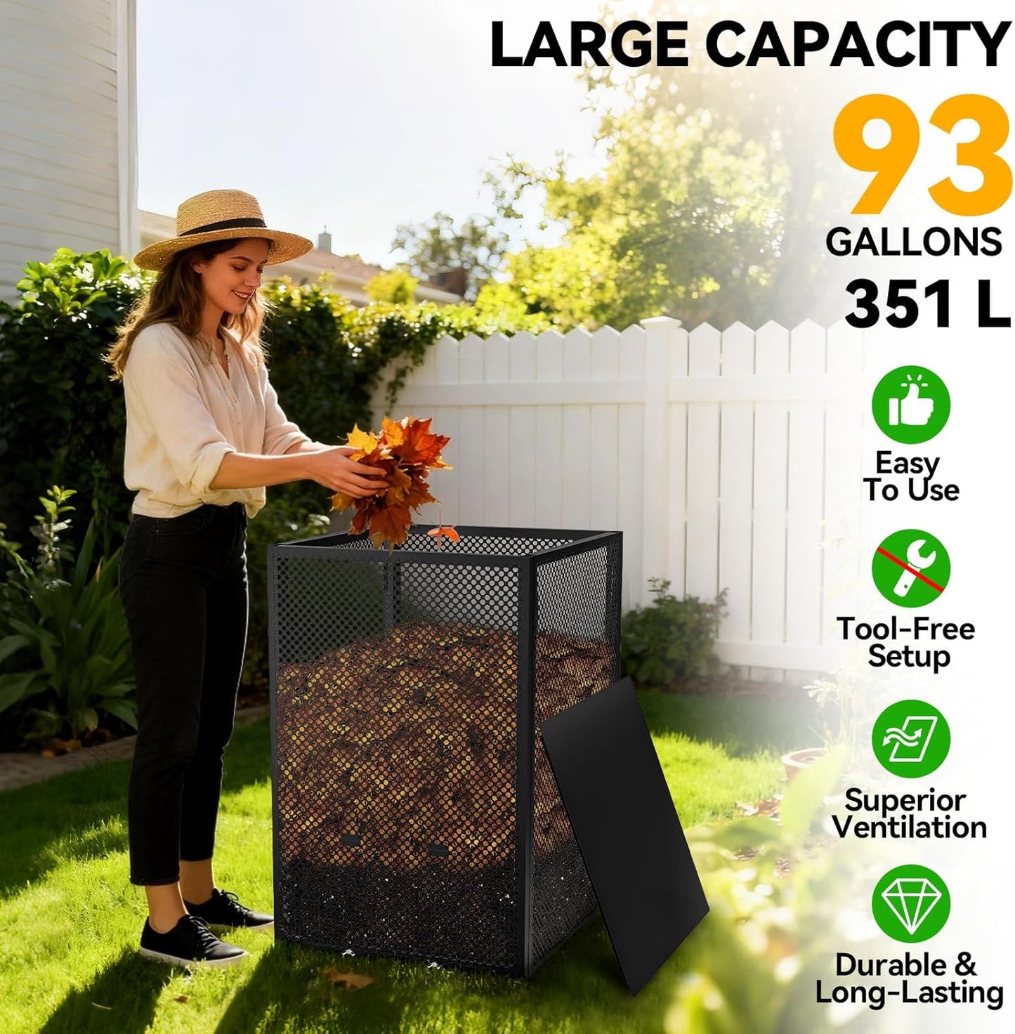 Compost Bin Outdoor - Large 93 Gallon Metal Perforated Sheet Compost Bucket with Rust-Proof Coating, Heavy-Duty & Easy Assembly, Fast Creation of Fertile Soil, for Garden, Kitchen & Yard Waste, Black