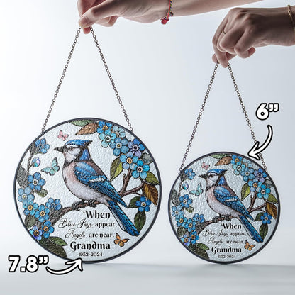 Custom Blue Jay Bird Stained Glass Sun Catcher Loving Memorial, Personalized Name, Dates & Quote, Bereavement Gift for Family, Friends, Handmade Hanging Ornament for Bird Lovers