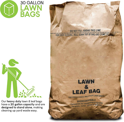 30 Gallon Kraft Lawn and Leaf Bags (20 Pack) Eco-Friendly Heavy Duty Large Paper Trash Bags, Made in the USA Tear Resistant Yard Waste Bags for Grass Clippings, Wet and Dry Leaves, Weeds, Twigs