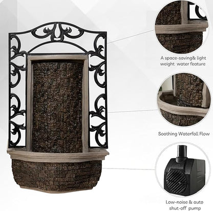 30" Wall Mounted Water Fountain – Indoor Outdoor, Black Stone Finish, Cascading Waterfall Decor