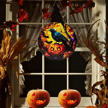 Stained Glass Window Hanging, Halloween Decorations Evil Crow Pumpkin Maple Leaf Suncatcher for Doors Garden Indoor Funny Spooky Sun Catchers Gothic Decor for Women, Men, and Mom 8 in