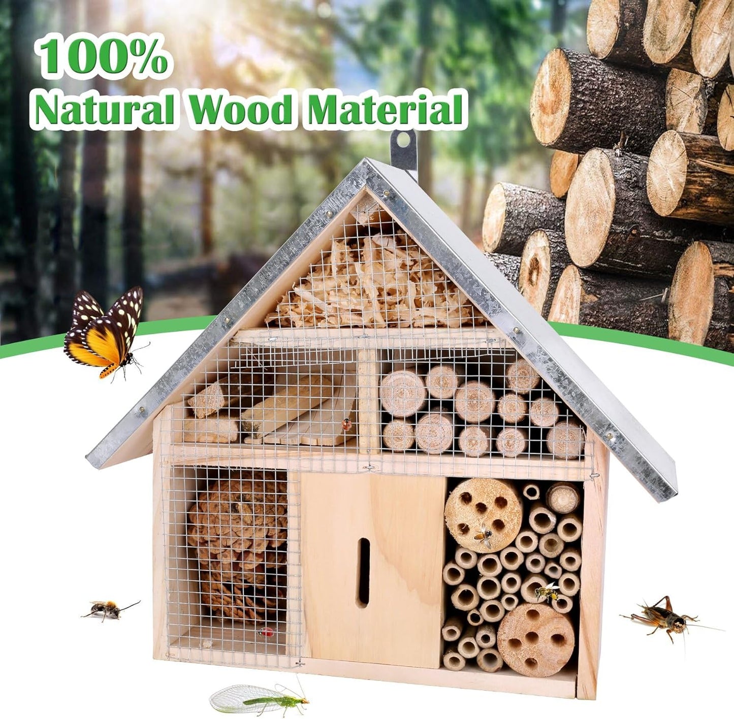 Hanging Bee House Wooden Insect House, Natural Habitat for Beneficial Bees, Bugs, Butterflys, Ladybirds Insect Hotels Garden Yard Home