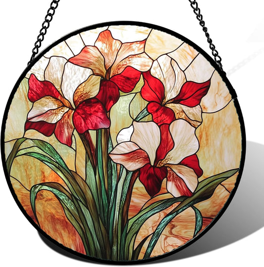 Stained Glass Window Hanging - Red Gladiolus Flower Suncatcher for Door Yard Sun Catchers Decor