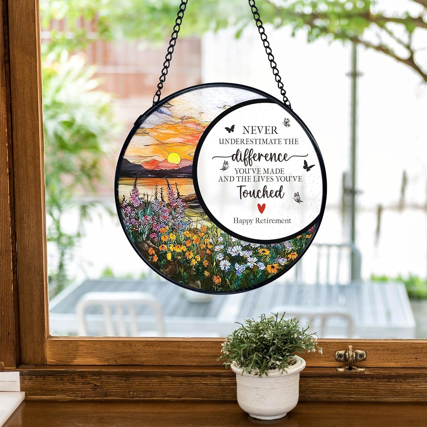 TNUW Retirement Gifts Flower Stained Glass Window Hanging, Difference Maker Gift Sun Catchers Indoor Window Glass Round Wall Art Decor, Retired Gifts for Woman Wall Hanging Decorations, 7.9＂x7.9＂