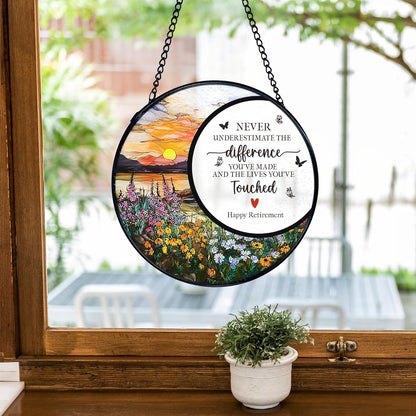 TNUW Retirement Gifts Flower Stained Glass Window Hanging, Difference Maker Gift Sun Catchers Indoor Window Glass Round Wall Art Decor, Retired Gifts for Woman Wall Hanging Decorations, 7.9＂x7.9＂