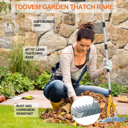 TOOVEM Thatch Rake, 15-inch Lawn Thatching Rake with Heavy Duty Steel Tines & Ergonomic Handle, 70-Inch Professional Dethatching Rakes for Effective Lawn Care, Garden & Yard Tool