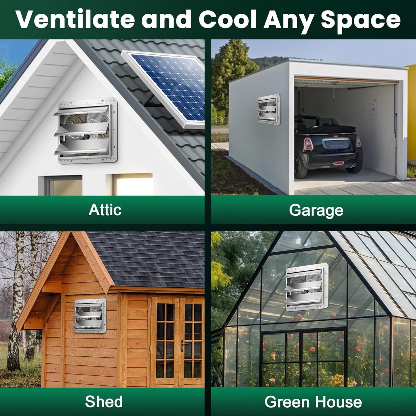 14" Solar Exhaust Fan for Greenhouse with Battery and Adjustable Thermostat, Attic Fans for Garage and Shed with 2PCS 30W Bifacial Solar Panels