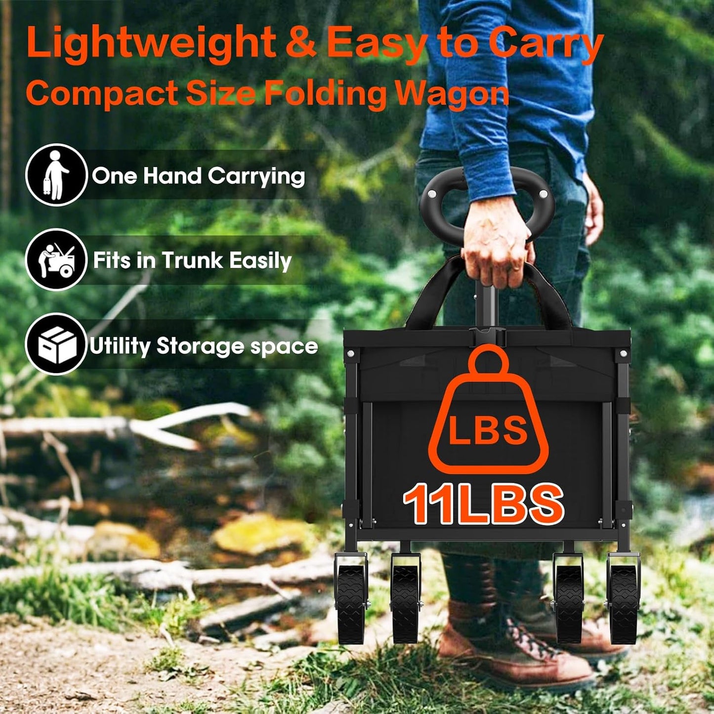 360LBS Heavy-Duty Wagons Carts Foldable 120L Collapsible Wagon Cart with Wheels and Tailgate, Folding Utility Wagon Carts for Groceries, Outdoor Camping, Shopping, Beach, Garden